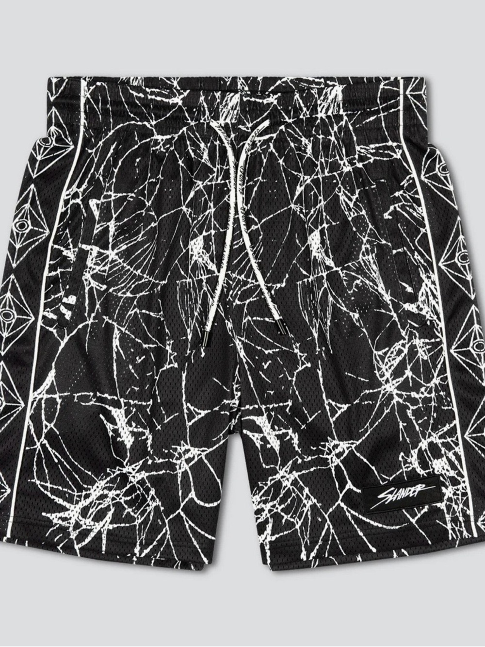 Slander Black & White Abstract Athletic Mesh Shorts with Drawcord